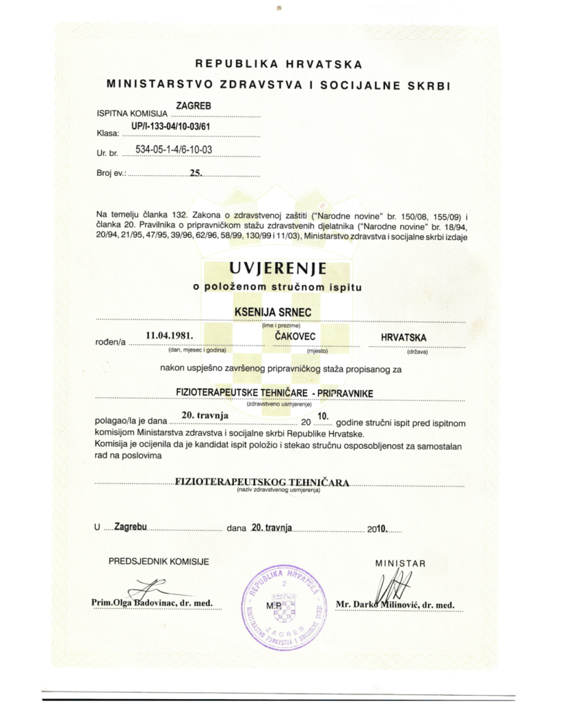 Svjedođba Medicinska škola Ksenija Srnec